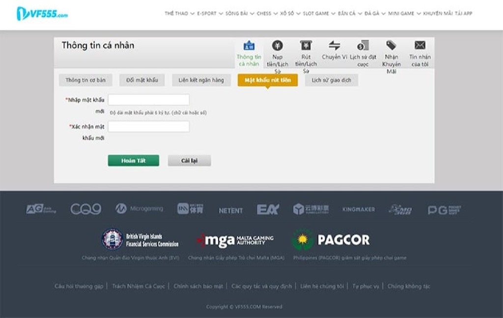 Nạp tiền vào nhà cái VF555 đơn giản